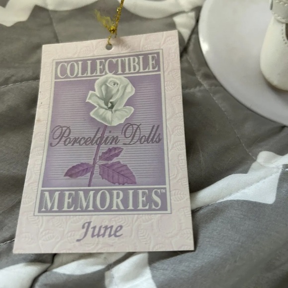 Collectible Memories Porcelain Doll JUNE Blonde Blue Gingham Lace w/Flowers bag - Picture 4 of 5